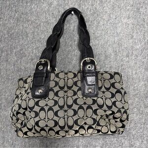 Y2K COACH Sig Jacq Tote Shoulder Bag Black & Gray C Logo Braided Leather Handles